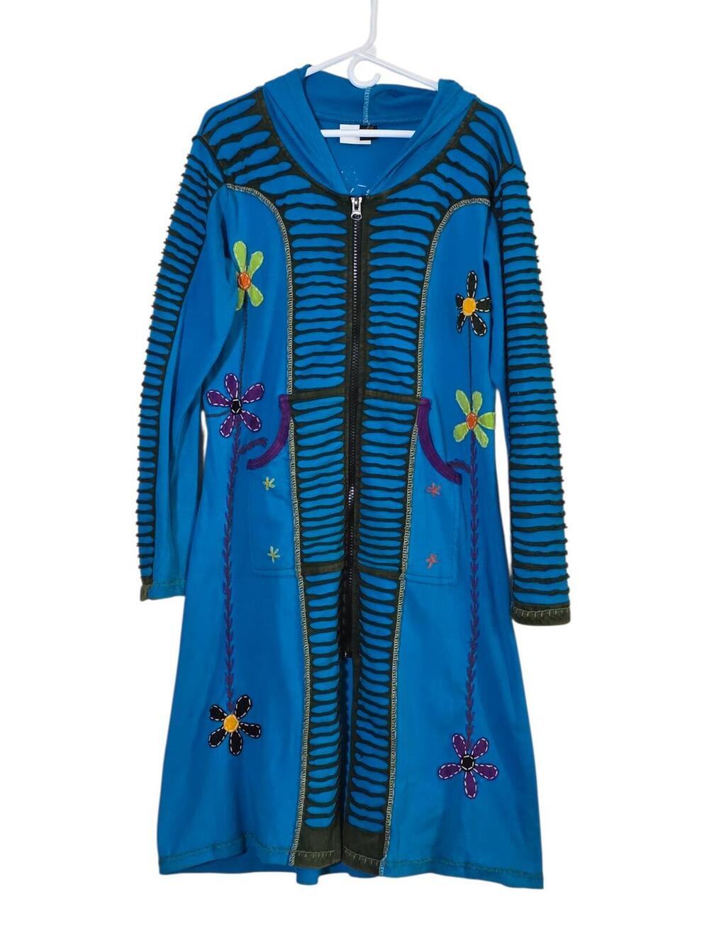 Detailed Made in Nepal Long Zip Up Jacket Hoodie Boho Blue Embroidered Medium